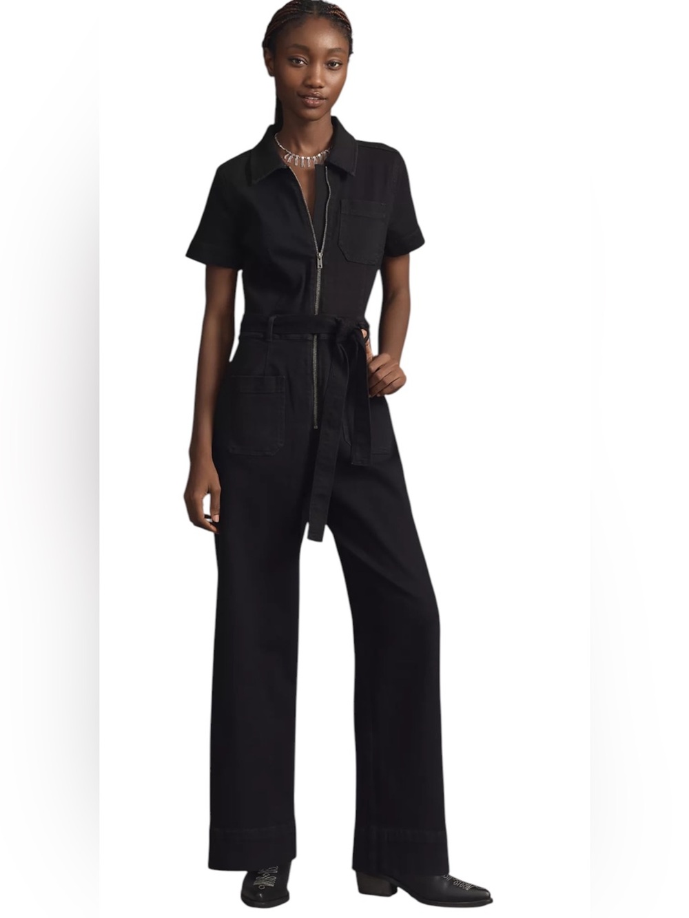 Maeve Anthropologie The Collette Black Short-Sleeve Zip-Front Jumpsuit 10 Tall